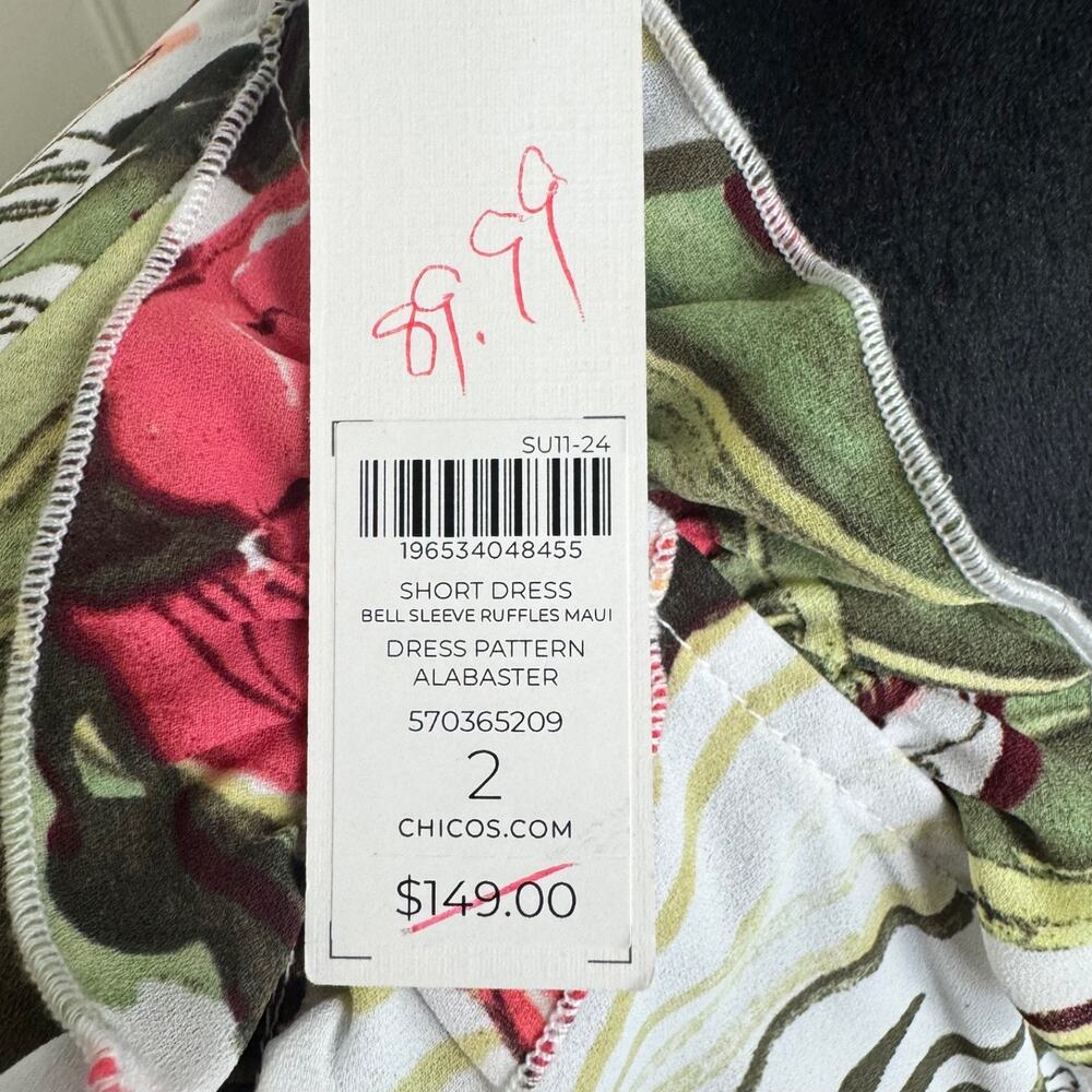 Chico’s Maui Alabaster Floral Dress Sz. Chicos 2 Women's 12 Bell Sleeve Smocked - Picture 12 of 15